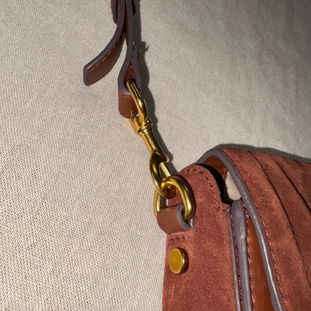 American Leather Co Mahogany Brown Suede Leather Quilted Crossbody Saddle Bag - Picture 3 of 11